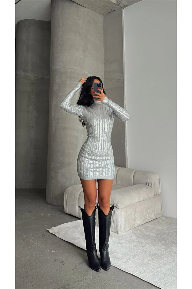 Silver Meg Triko Elbise Metalik Gümüş - Gümüş