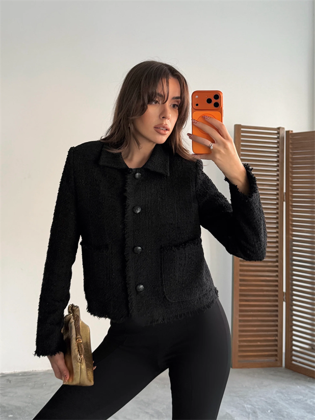 Püskül Detay Tüvit Ceket - Siyah