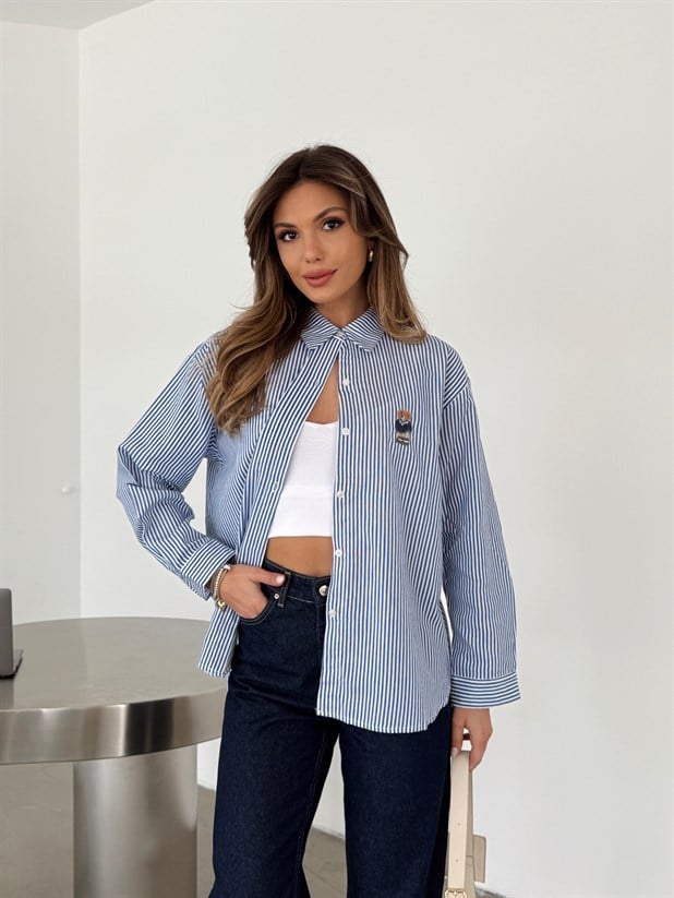 Bear Nakışlı Çizgili Gömlek - Mavi