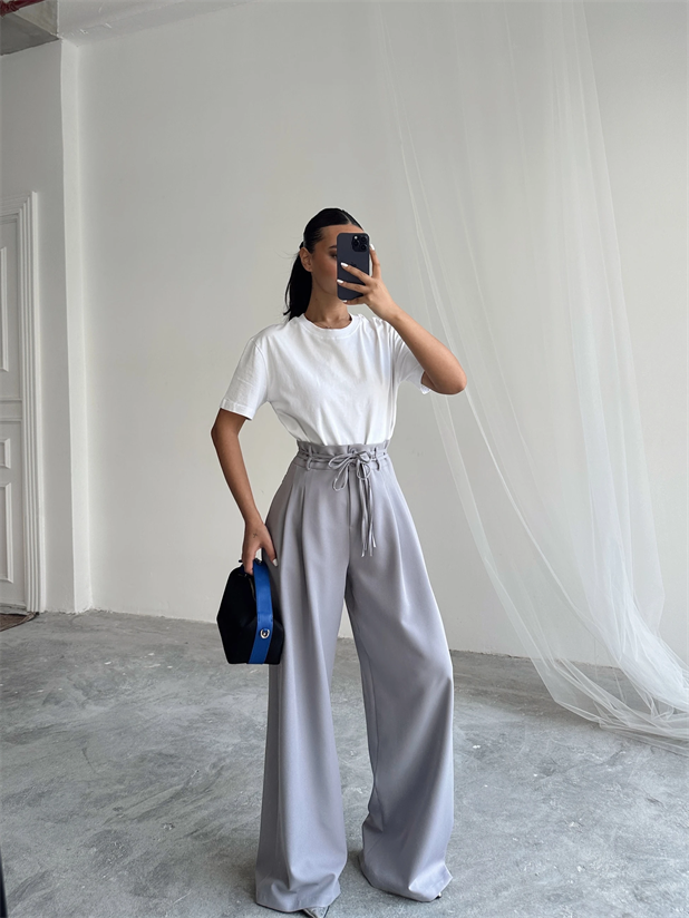 Beli İp Ve Lastikli Palazzo - Gri