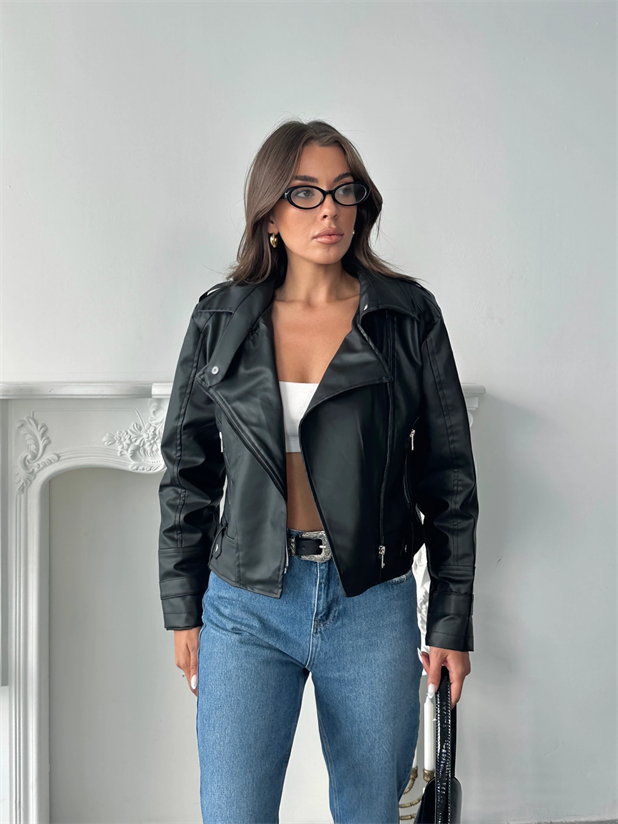 Yandan Fermuarlı Deri Ceket - Siyah