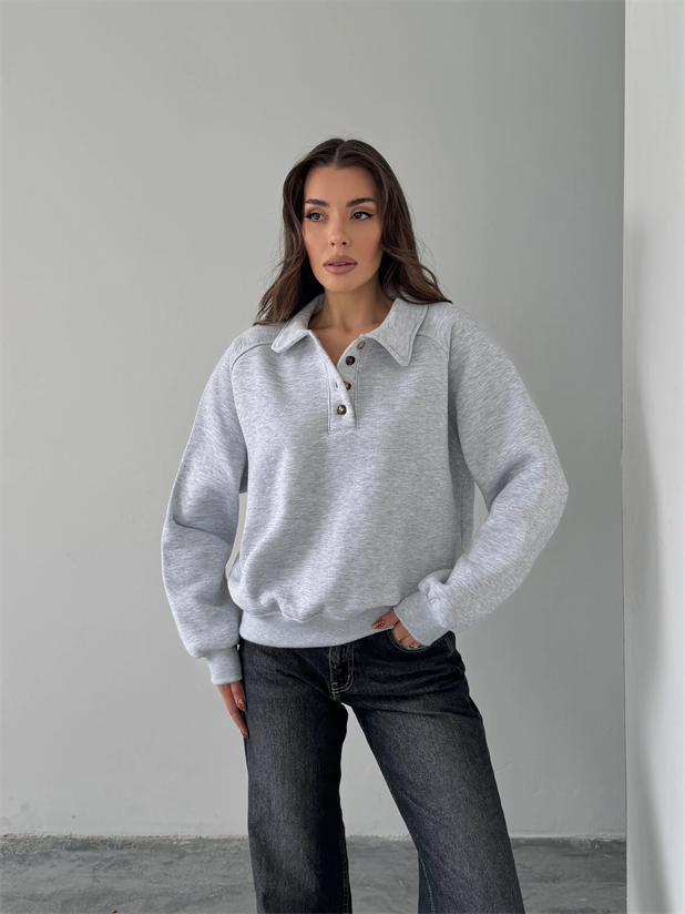 Polo Yaka Düğmeli Sweatshirt - Gri