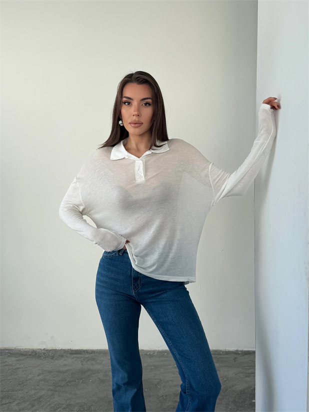 Polo Yaka Salaş Bluz - Beyaz