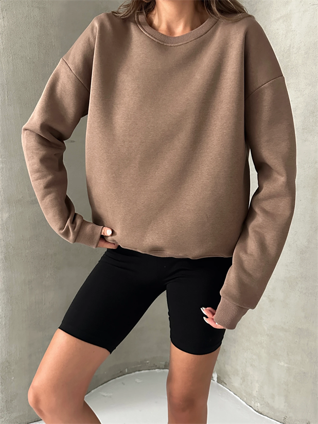 Düz Basic Sweatshırt - Kahve