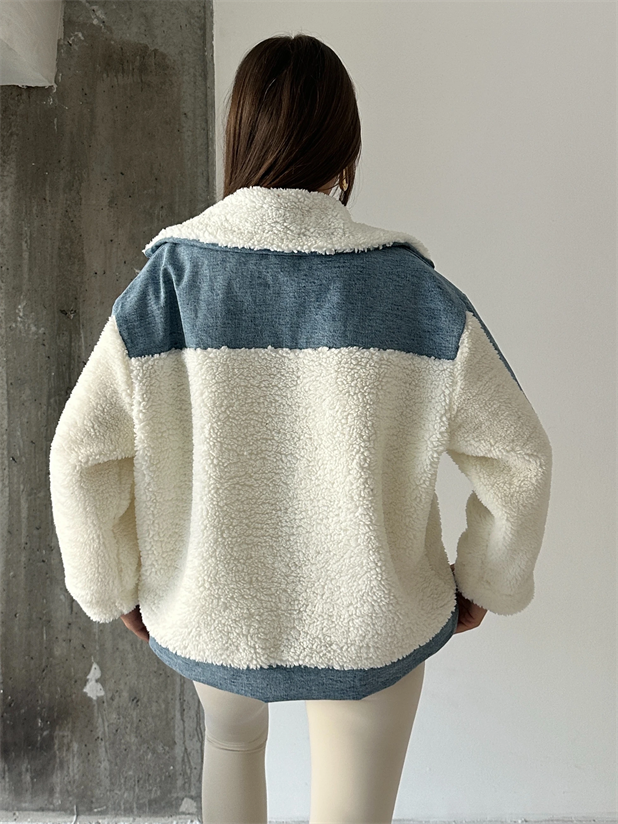 Denim Detaylı Peluş Mont - Mavi-Beyaz