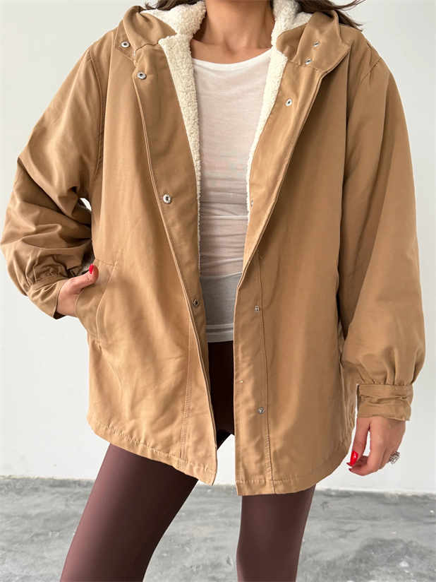 Kapüşonlu İçi Peluş Mont - Vizon