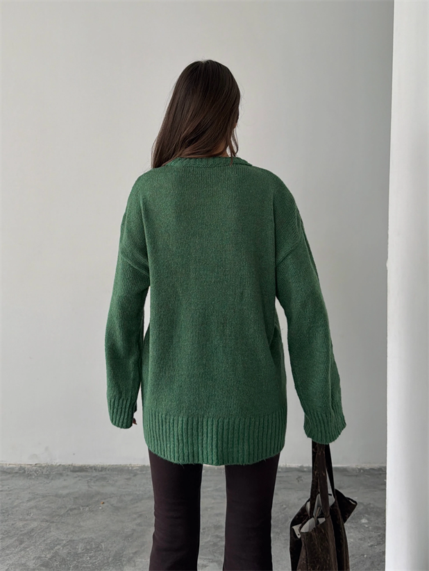 Oversize Ribanalı Kazak - Yeşil