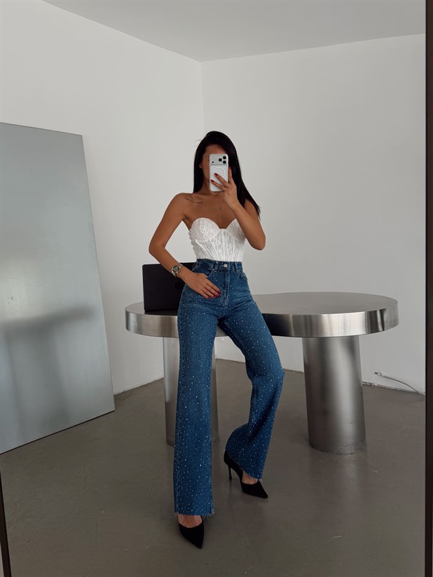 Premium Parlak Taş Detaylı Jean  - Mavi
