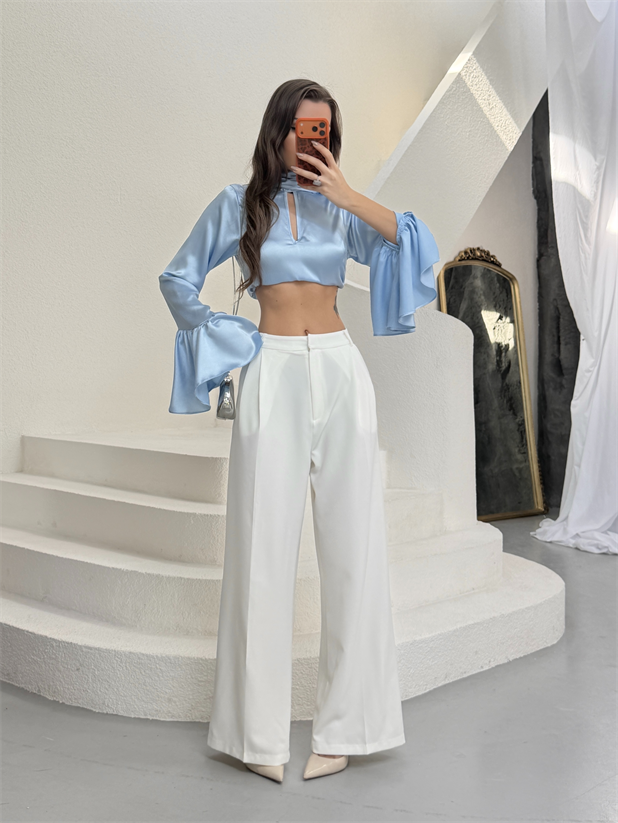 Çift Pileli Palazzo Pantolon - Beyaz