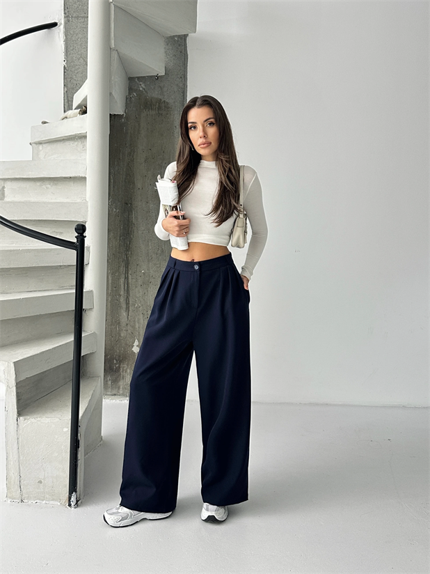 Üç Pile Palazzo Pantolon - Lacivert