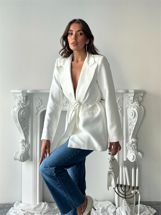 Bağlama Detay Ceket - Beyaz