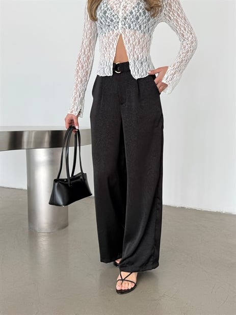 Kemerli Saten Pantolon - Siyah