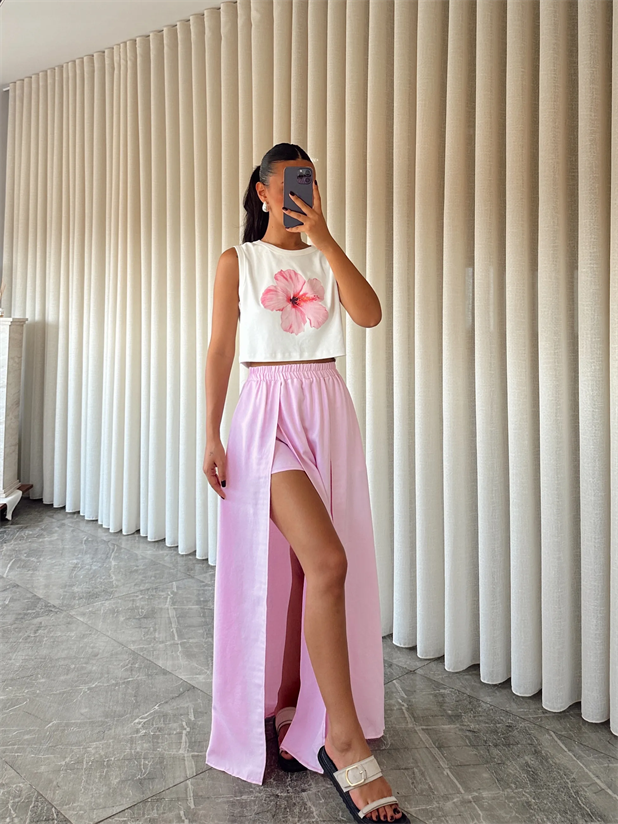 İçi Şortlu Derin Yırtmaç Maxi Etek - Pembe