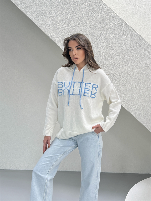 Kapüşonlu Butter Triko Kazak - Beyaz