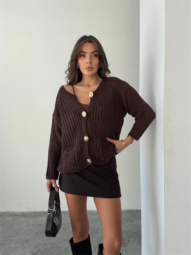 Gold Düğmeli Örme Hırka - Kahve