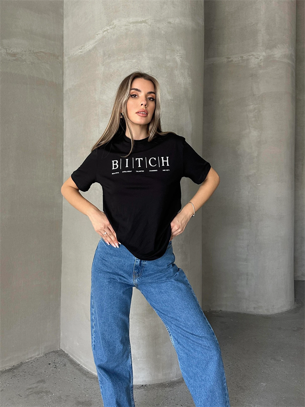 Bitch Baskı Basic T-Shirt Siyah - Siyah