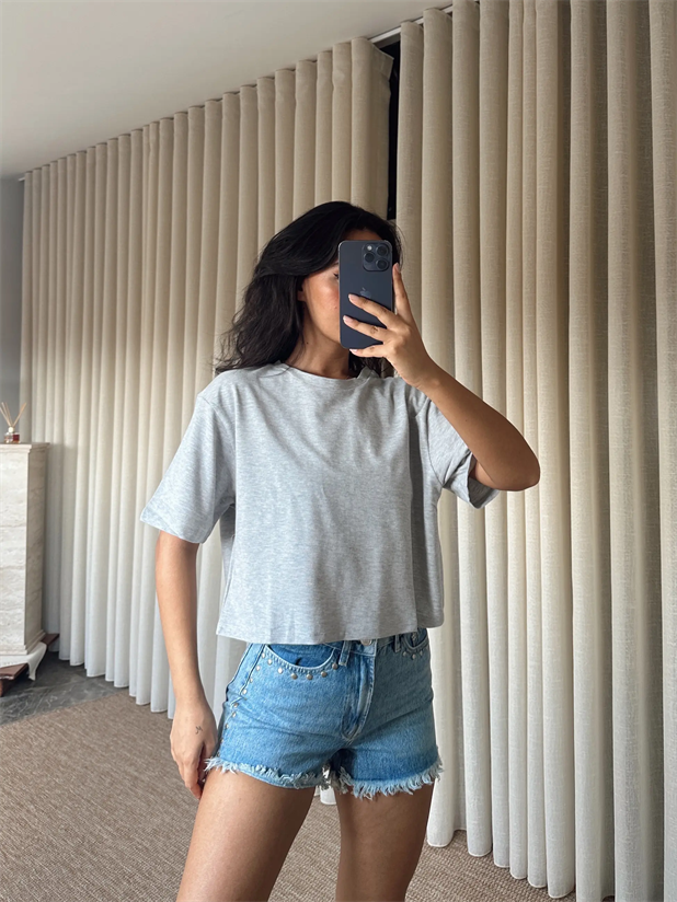 Düz Kısa Kol Crop Basic - Gri