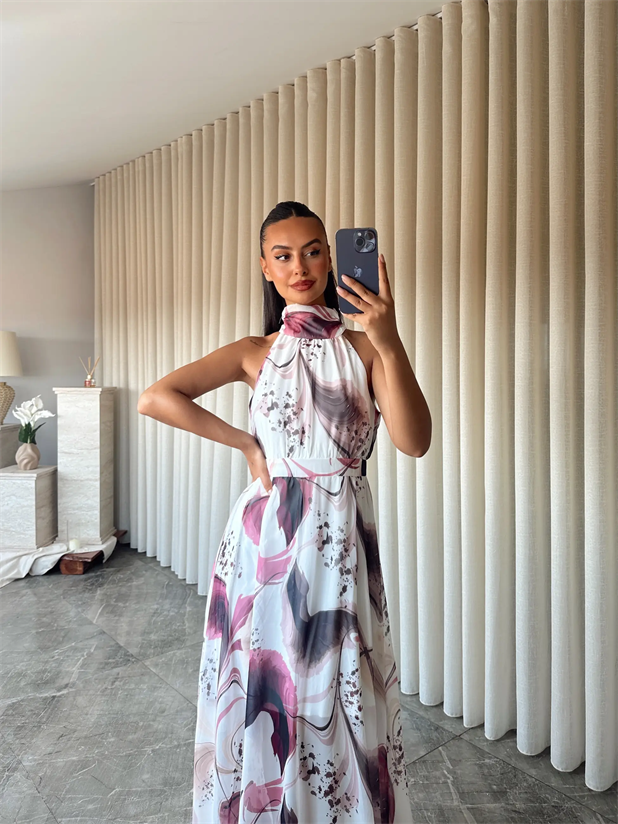 Desenli Şifon Elbise - Ekru-Pembe