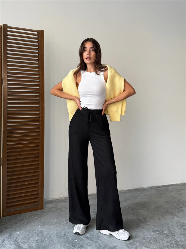 Bel Bağcık Fitilli Pantolon - Siyah