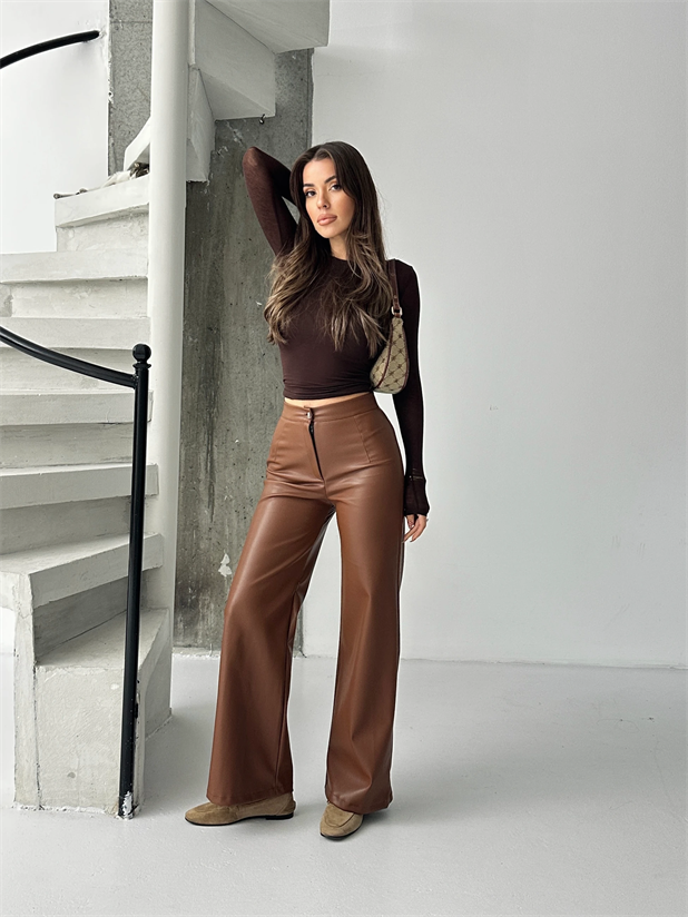 Düz Kesim Şardonlu Deri Palazzo  - Taba