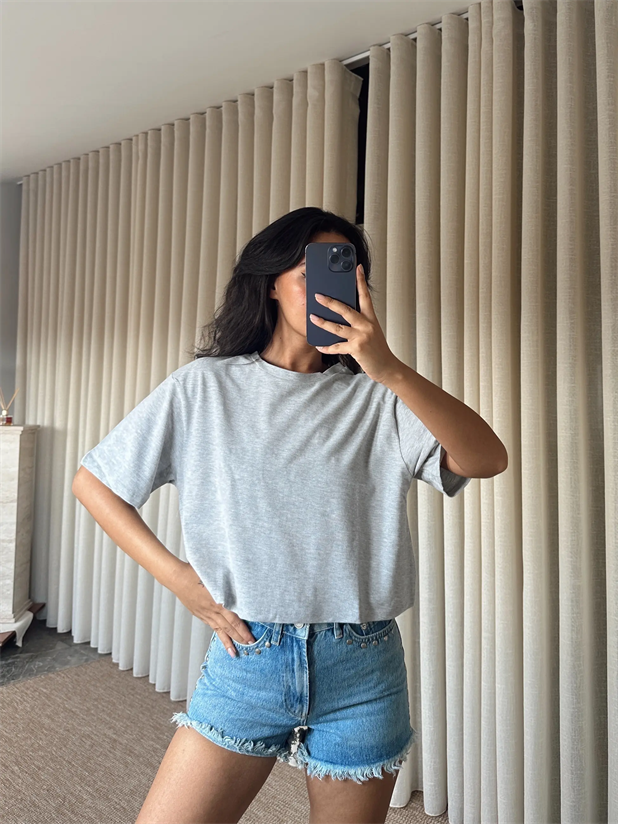 Düz Kısa Kol Crop Basic - Gri