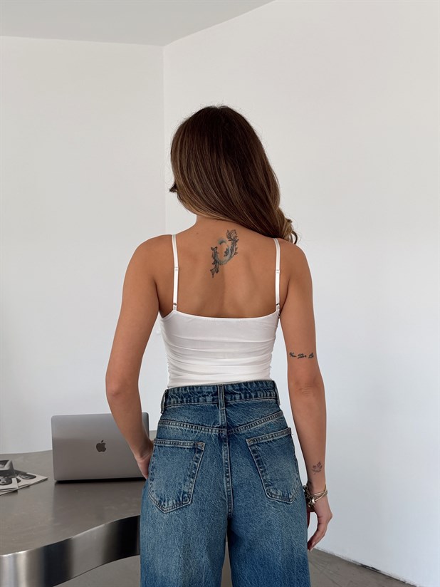 Yan Büzgülü Bodysuit Beyaz - Beyaz