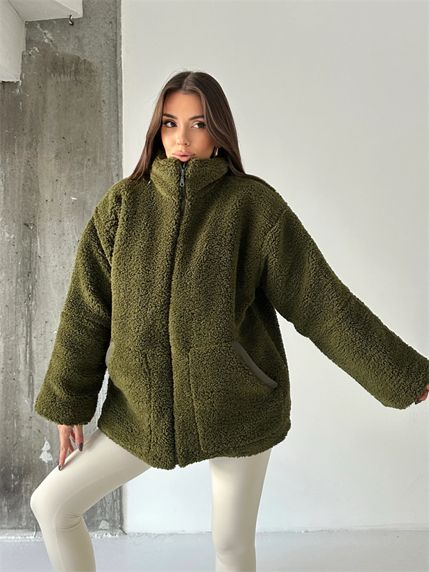 İç Astarlı Oversize Peluş Mont  - Haki Yeşil