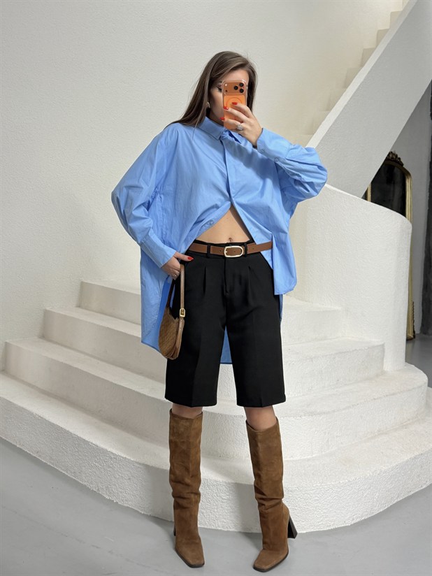 Kemerli Bermuda Şort - Siyah