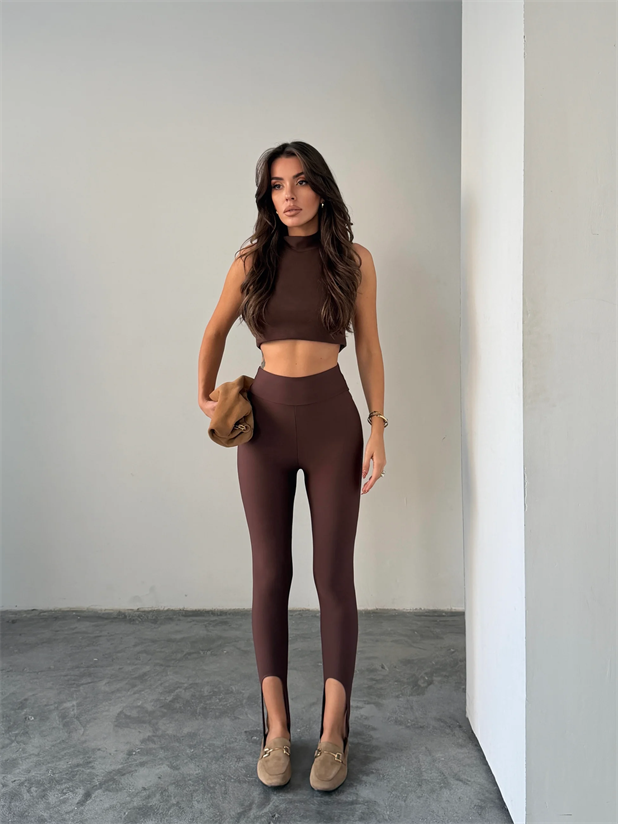 Ayaktan Geçmeli Tayt  - Kahverengi