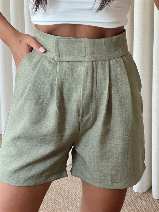 Cırtlı Keten Şort - Haki