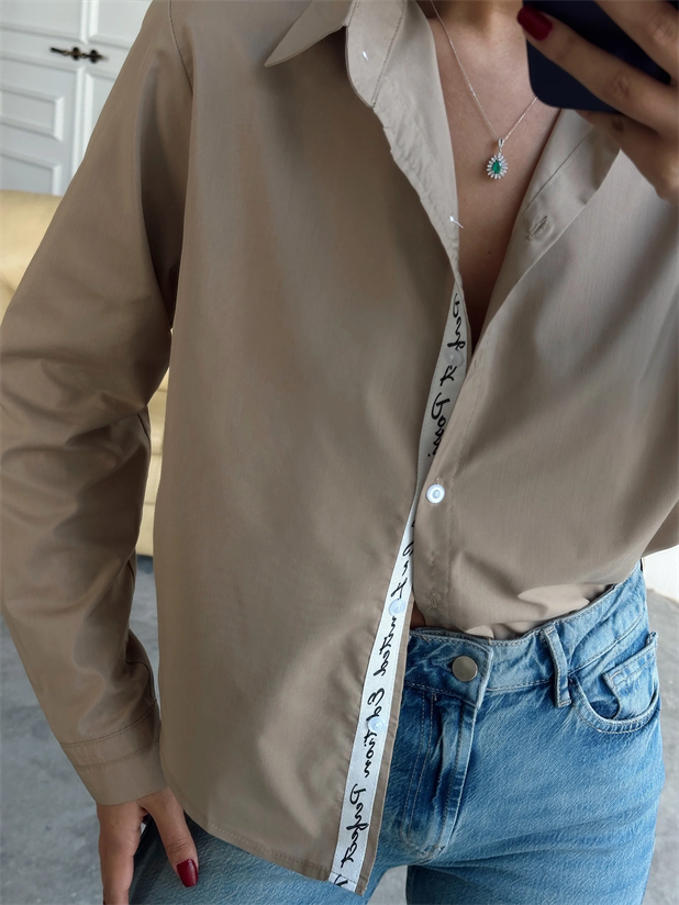 Kol Ve Pat Şerit Crop Gömlek - Camel