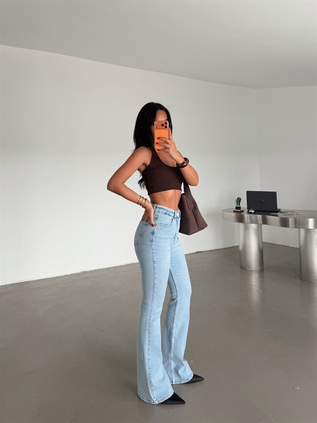 Yüksek Bel İspanyol Paça Jean - Buz Mavi