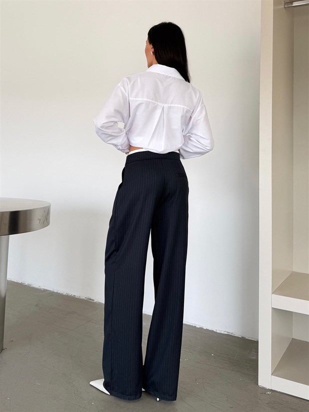 Bel Bağcık Çizgili Palazzo Pantolon - Lacivert 