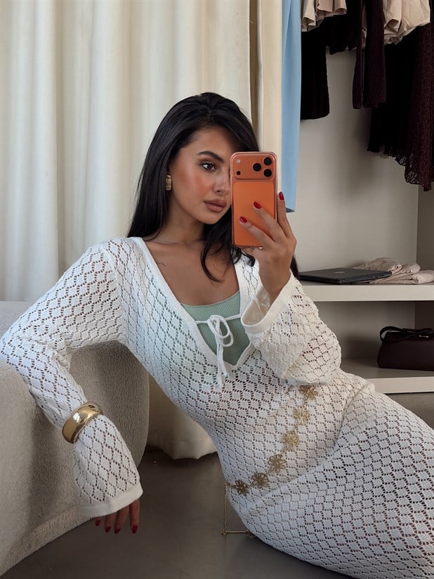 V Yaka Bağlamalı Maxi Pareo - Ekru