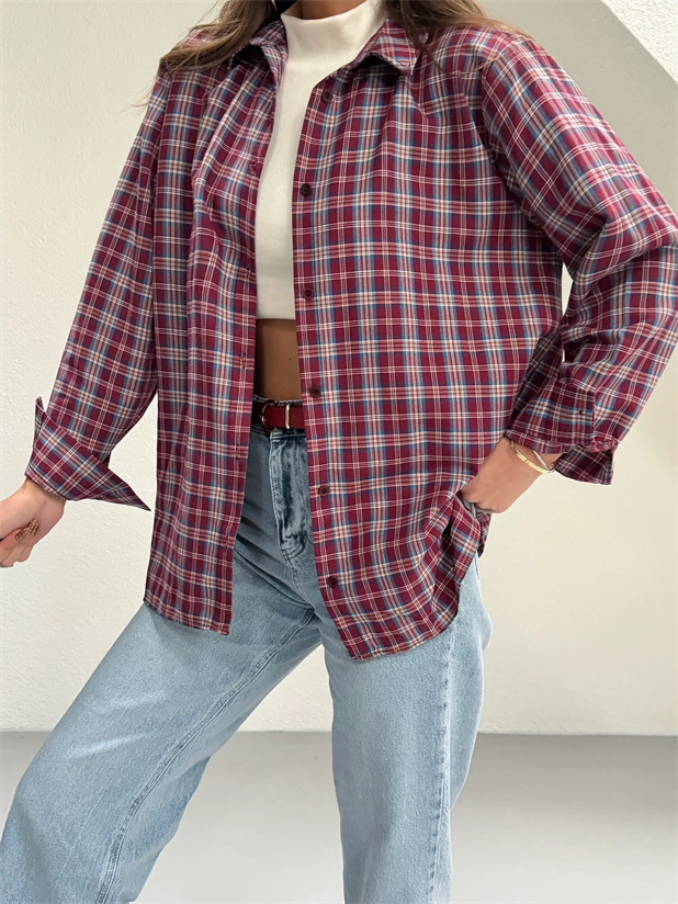 Kareli Oversize Gömlek - Bordo