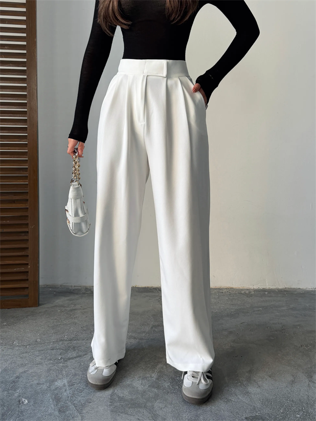 Bel Cırtlı Palazzo Pantolon  - Beyaz