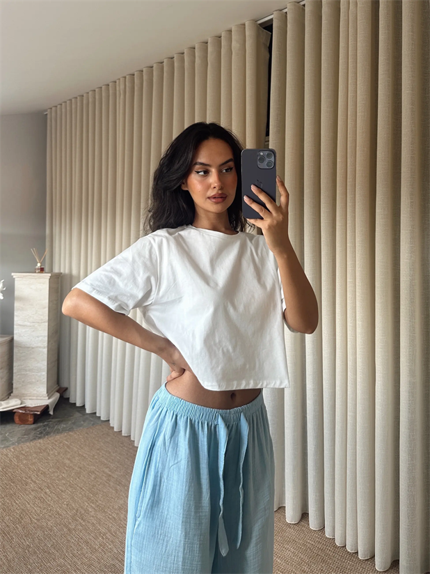 Düz Kısa Kol Crop Basic - Beyaz