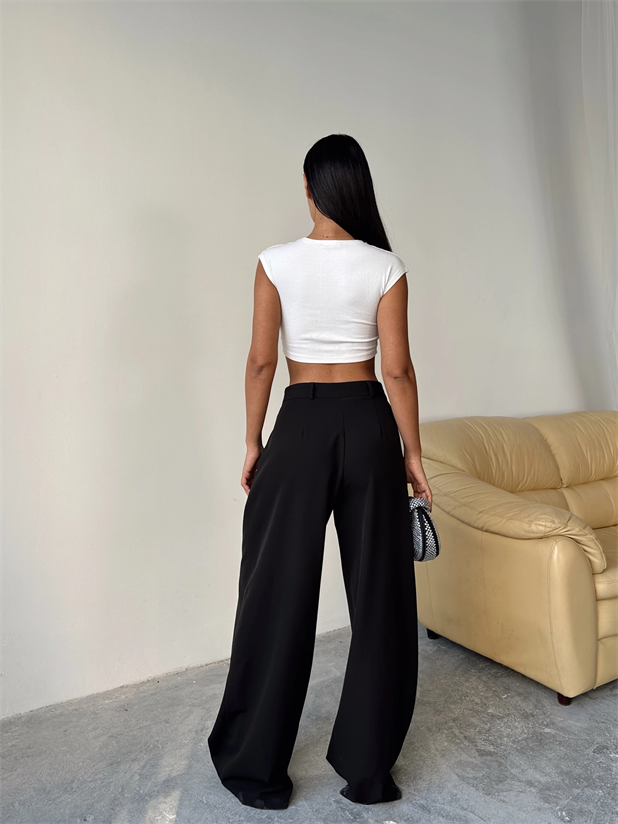 Yandan Katlama Düğme Detay Palazzo - Siyah