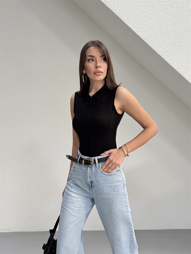 Polo Yaka Sıfır Kol Bluz - Siyah
