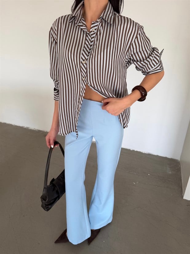 Çizgili Kol Manşet Detaylı Gömlek - Kahve