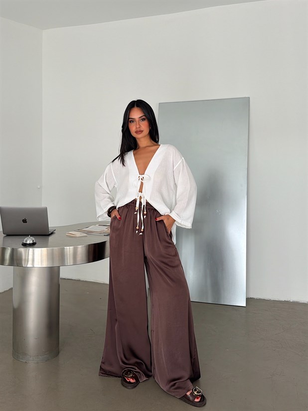 Bol Paça Saten Pantolon - Kahve