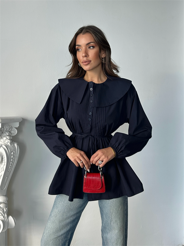 Geniş Yaka Poplin Gömlek - Lacivert