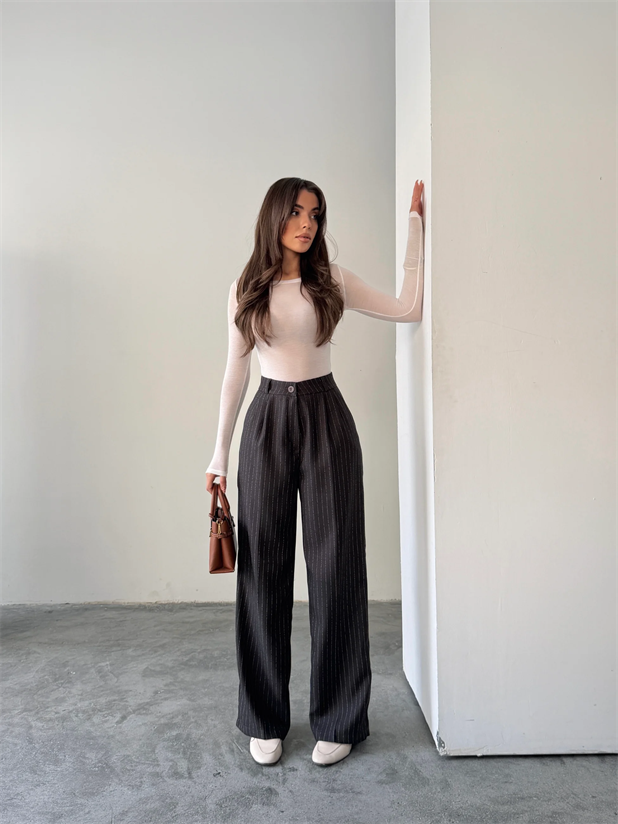 Yünefekt Çizgili Palazzo - Füme