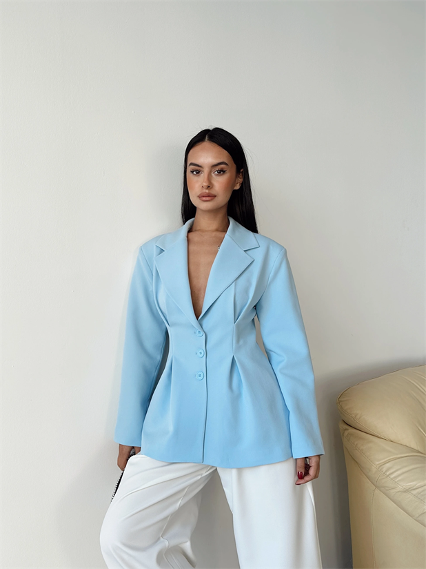 Pile Detay Oturtmalı Blazer Ceket  - Mavi