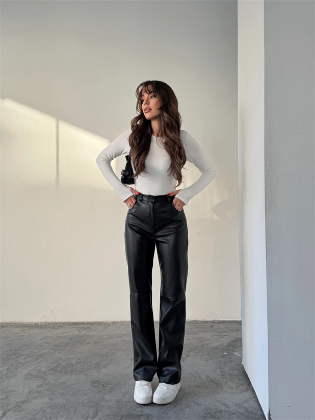 Cepli Suni Deri Pantolon - Siyah