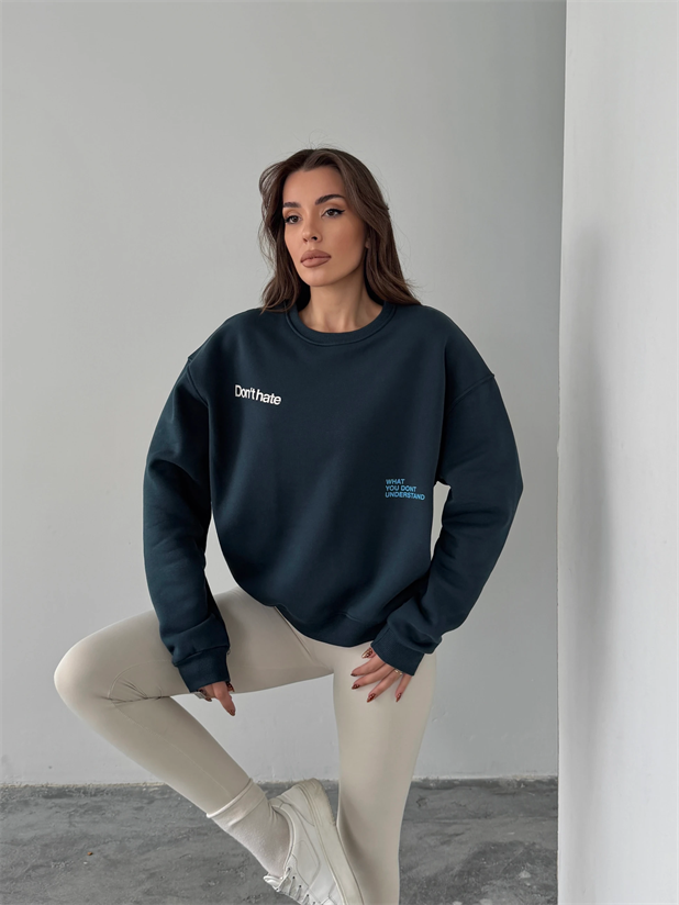 Bisiklet Yaka Baskılı Sweat - Petrol Mavisi