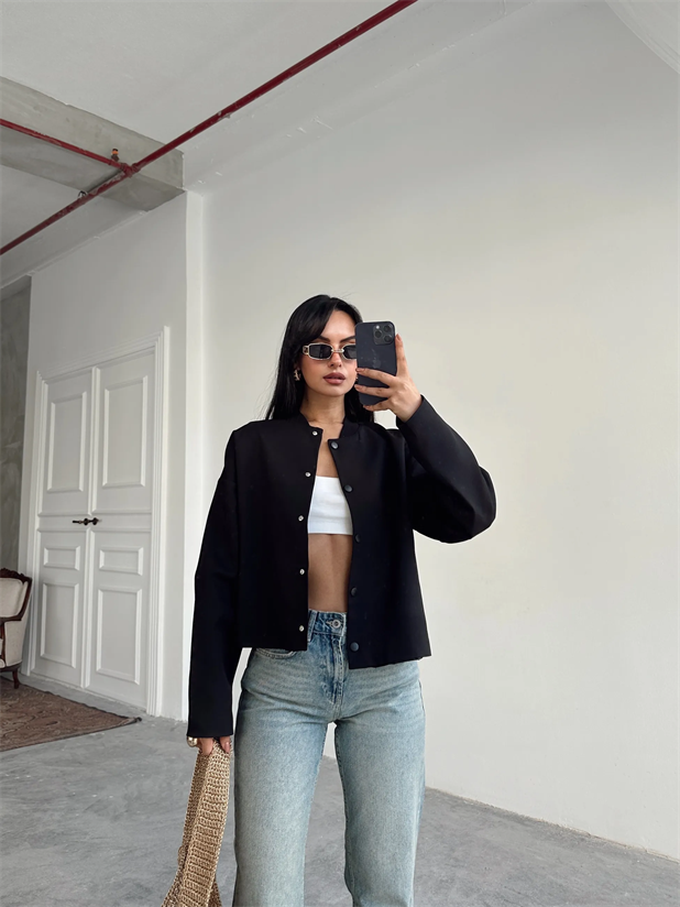 Yaka Ribana Cıt Cıt Detay Ceket Siyah - Siyah