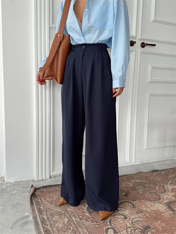 Yandan Katlama Düğme Detay Palazzo - Lacivert