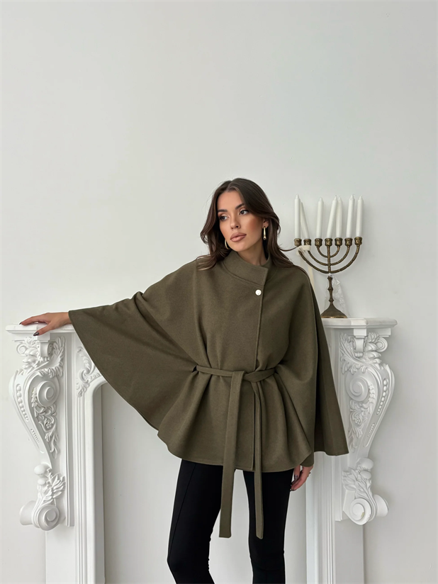 Kaşe Kuşaklı Pelerin Kaban - Haki