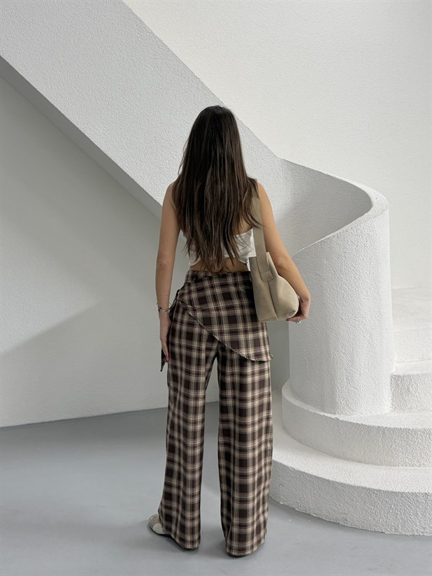 Bel Fular Detay Ekose Pantolon - Kahve